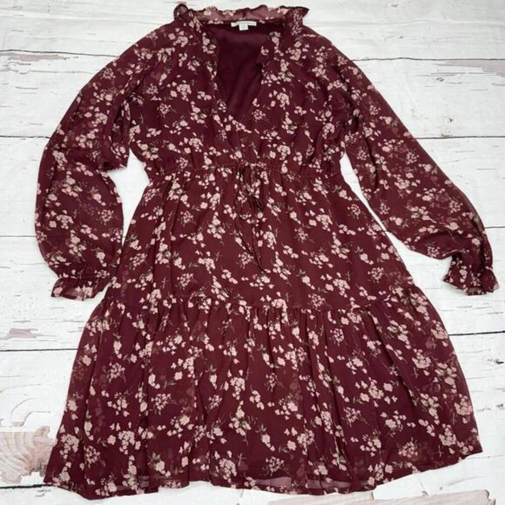 American Eagle Floral Chiffon Mini Dress Burgundy L Boho